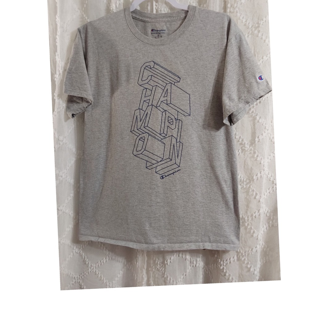 Champion Mens Medium Gray Heather 3D Block Letter Graphic Short Sleeve T-Shirt